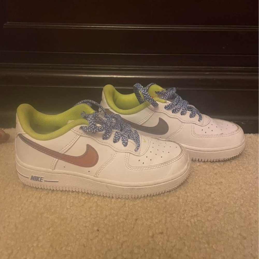 Nike Air Force 1s, White Sneakers with Lime Green and Blue Accents